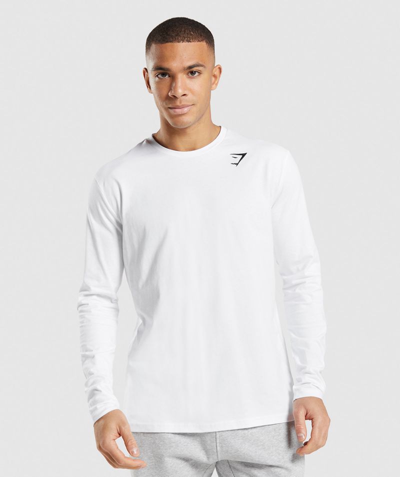 Men's Gymshark Crest Long Sleeve T-Shirts White | USA 3647-TPMJN