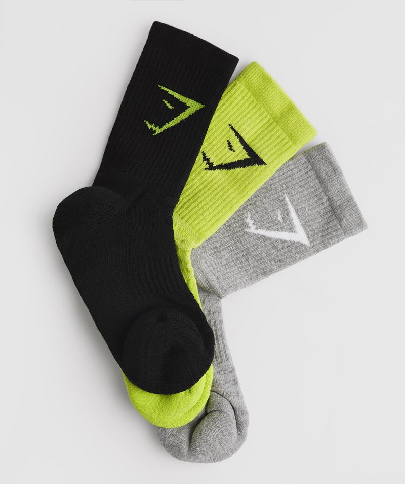 Men's Gymshark Crew 3pk Socks Black Grey Green | USA 8079-DKUYJ