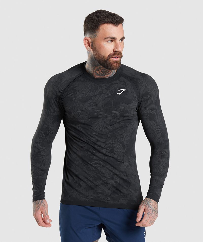 Men's Gymshark Geo Seamless Long Sleeve T-Shirts Black | USA 1304-FEXJU