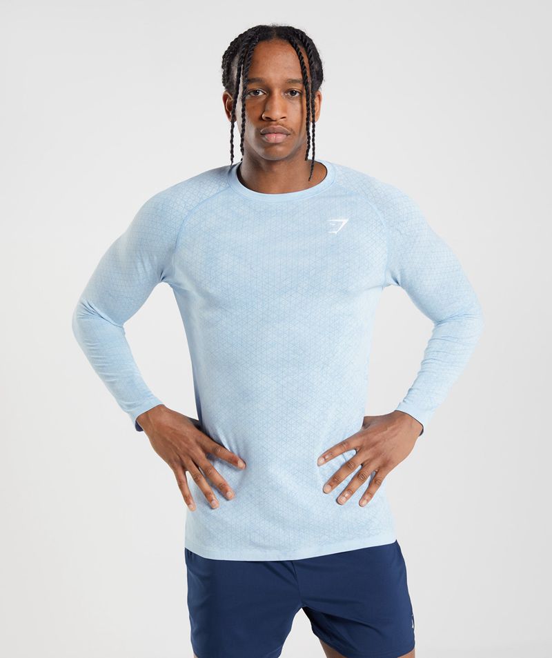 Men's Gymshark Geo Seamless Long Sleeve T-Shirts Blue | USA 1597-HKRIZ