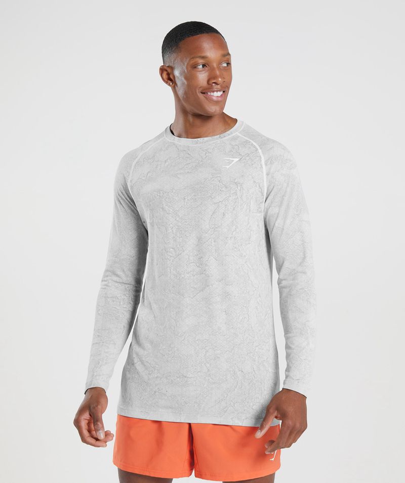 Men's Gymshark Geo Seamless Long Sleeve T-Shirts White Light Grey | USA 2537-VTHAF