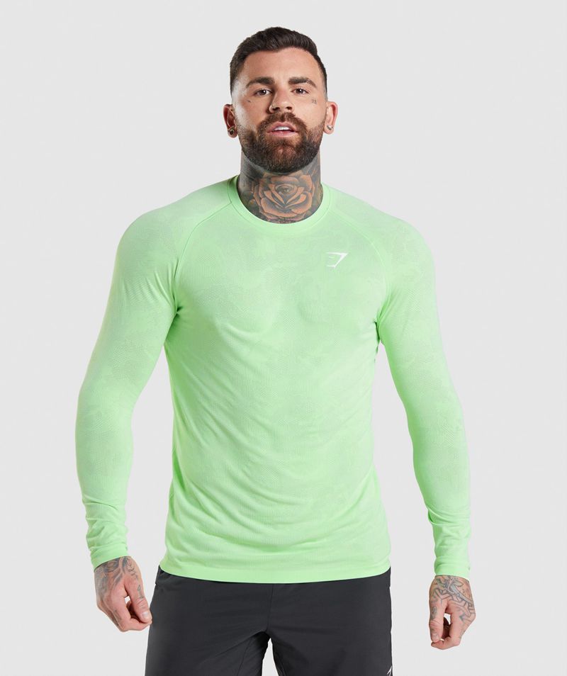 Men's Gymshark Geo Seamless Long Sleeve T-Shirts Green | USA 7328-VJXRB