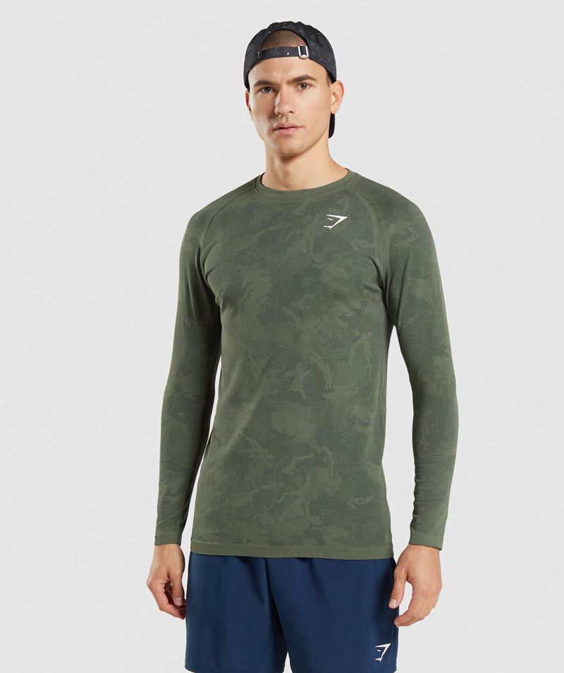 Men's Gymshark Geo Seamless Long Sleeve T-Shirts Olive | USA 8639-KVFOJ