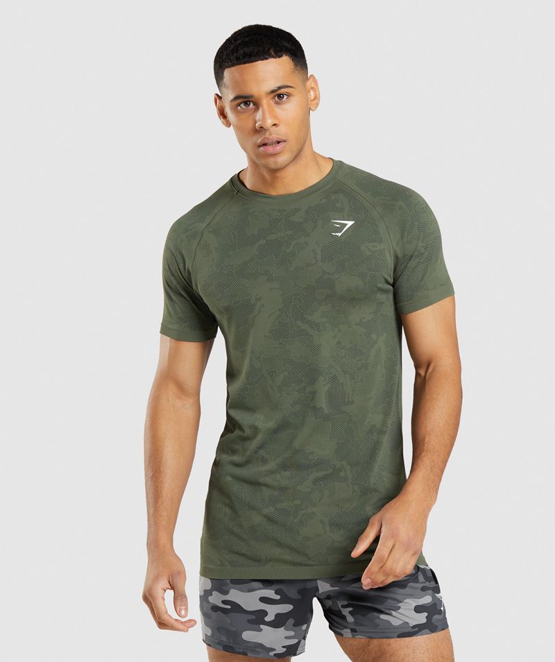 Men's Gymshark Geo Seamless T-Shirts Olive | USA 3741-NGFKQ