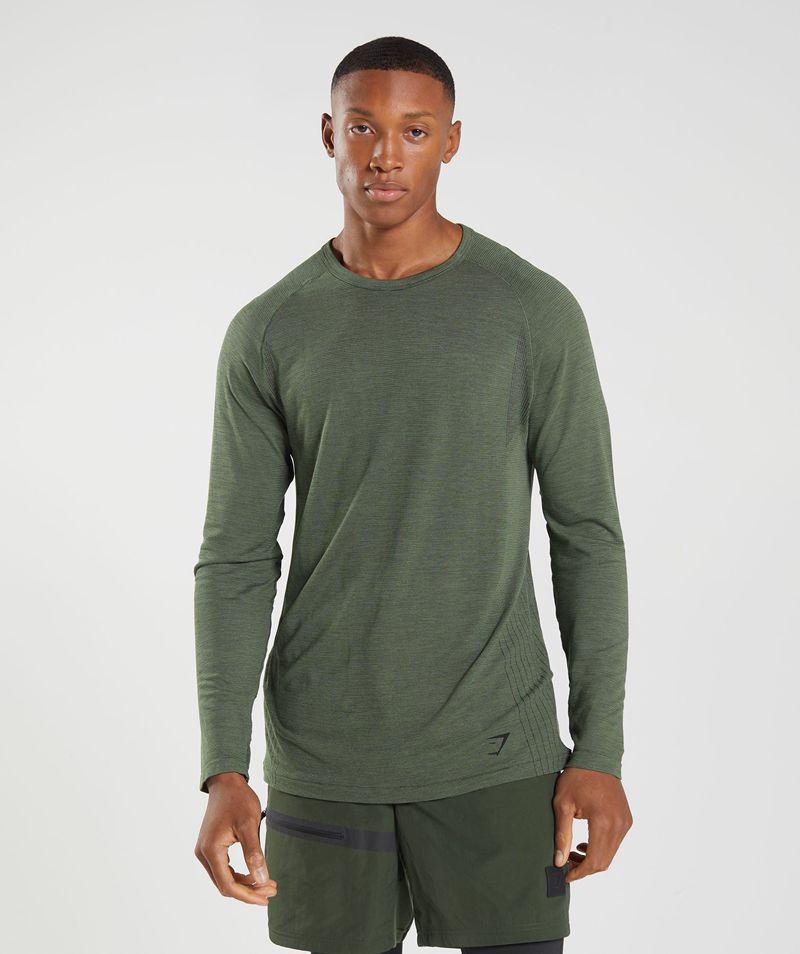 Men's Gymshark Retake Seamless Long Sleeve T-Shirts Olive | USA 8351-CWFKR