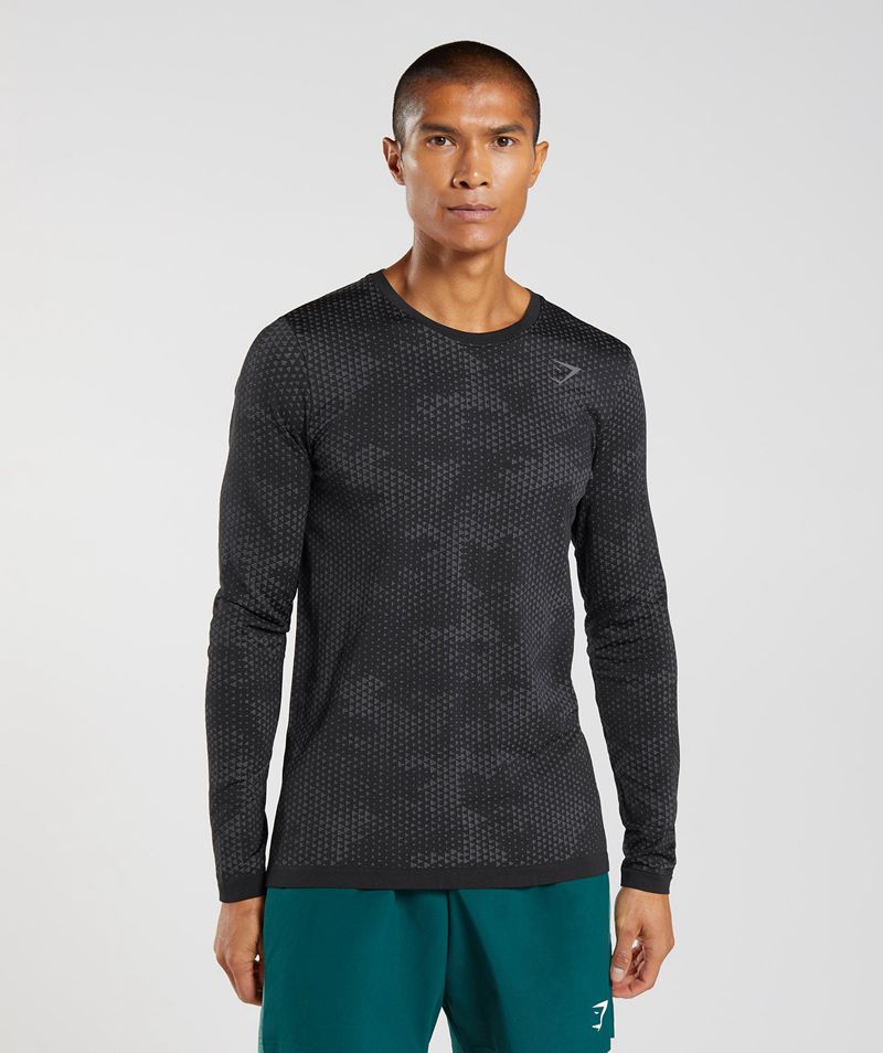 Men's Gymshark Sport Seamless Long Sleeve T-Shirts Black | USA 7938-DHLQY