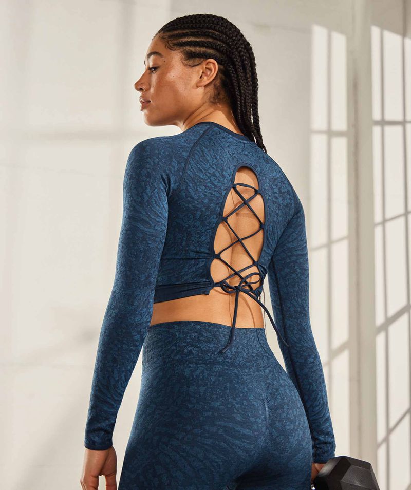 Women's Gymshark Adapt Animal Seamless Lace Up Back Tops Navy | USA 5340-DLBYT