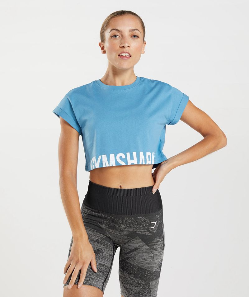 Women's Gymshark Fraction Crop Tops Blue | USA 9681-OGYCD