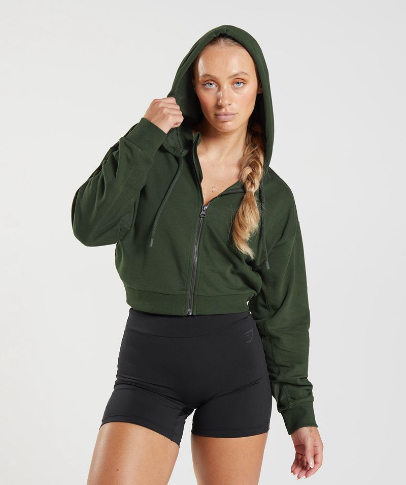 Women's Gymshark Gs Power Cropped Zip Hoodie Olive | USA 5719-KGVRX