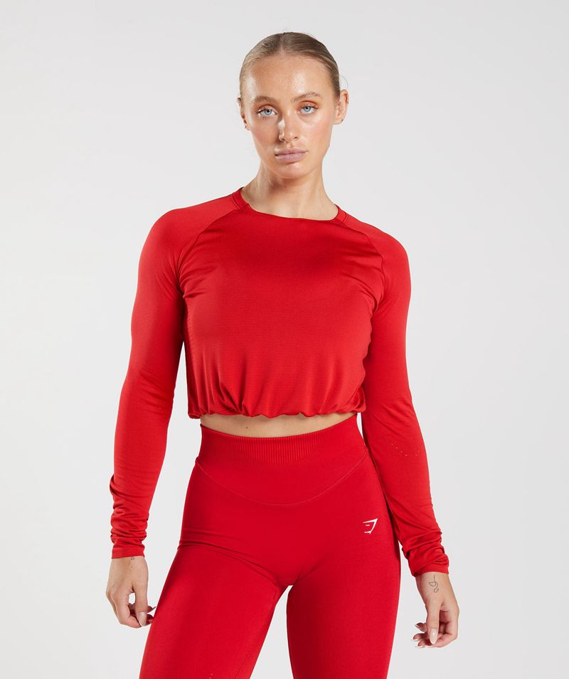 Women's Gymshark Sweat Seamless Long Sleeve Crop Tops Red | USA 0561-HWVGM