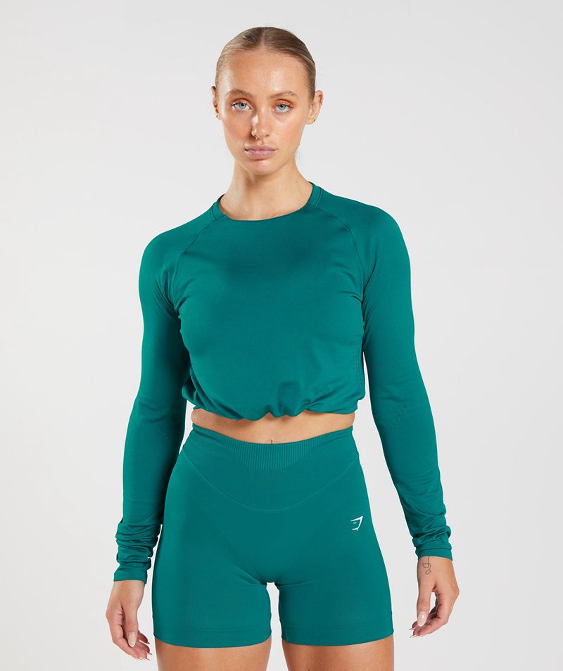 Women's Gymshark Sweat Seamless Long Sleeve Crop Tops Turquoise | USA 7489-IMZHV