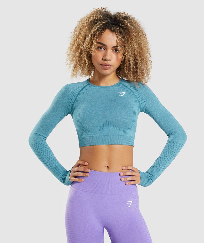 Women's Gymshark Vital Seamless 2.0 Long Sleeve Crop Tops Blue | USA 9018-GKJSN