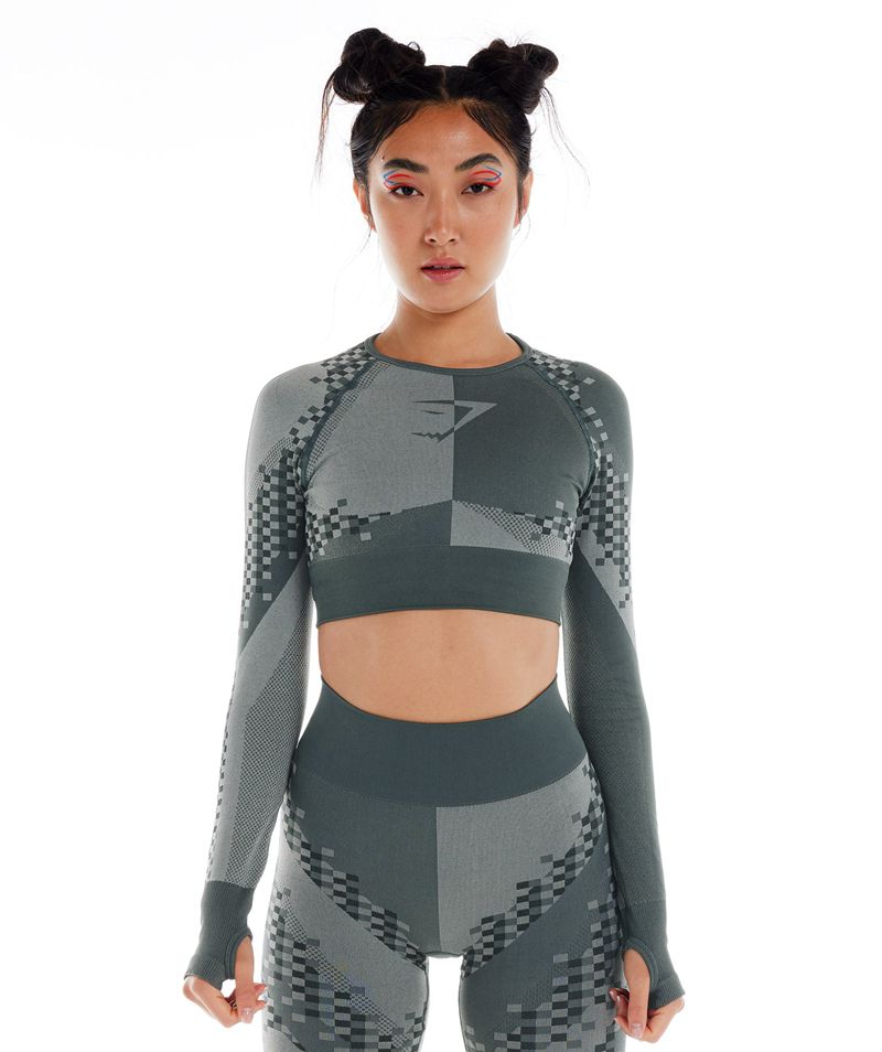 Women's Gymshark Wtflex Cyborg Seamless Long Sleeve Crop Tops Grey | USA 0295-IPWVT