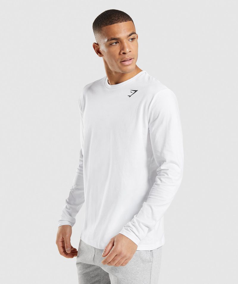 Men's Gymshark Crest Long Sleeve T-Shirts White | USA  3647-TPMJN