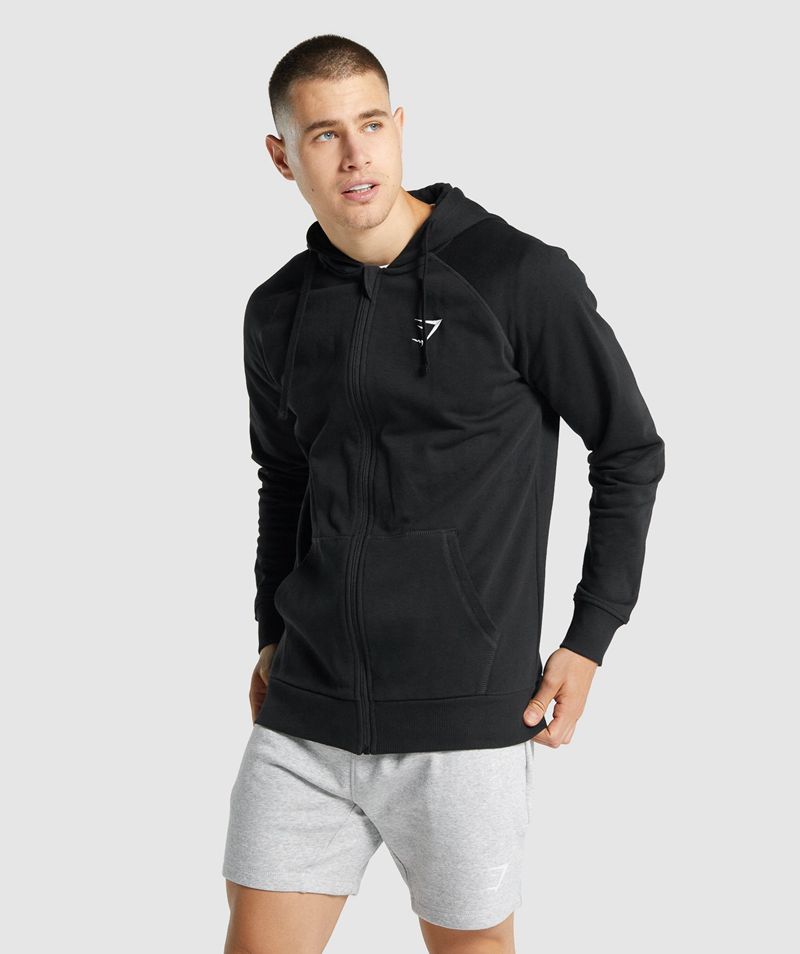 Men\'s Gymshark Crest Zip Up Hoodie Black | USA  9483-KJMPY