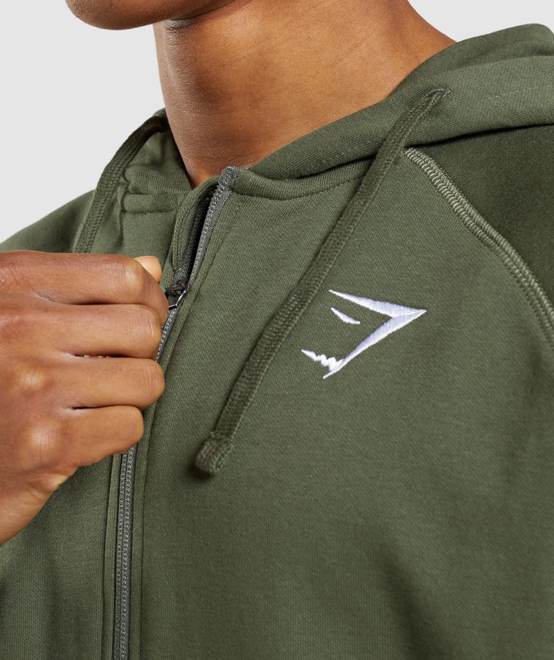 Men's Gymshark Crest Zip Up Hoodie Olive | USA  5364-VFOAC