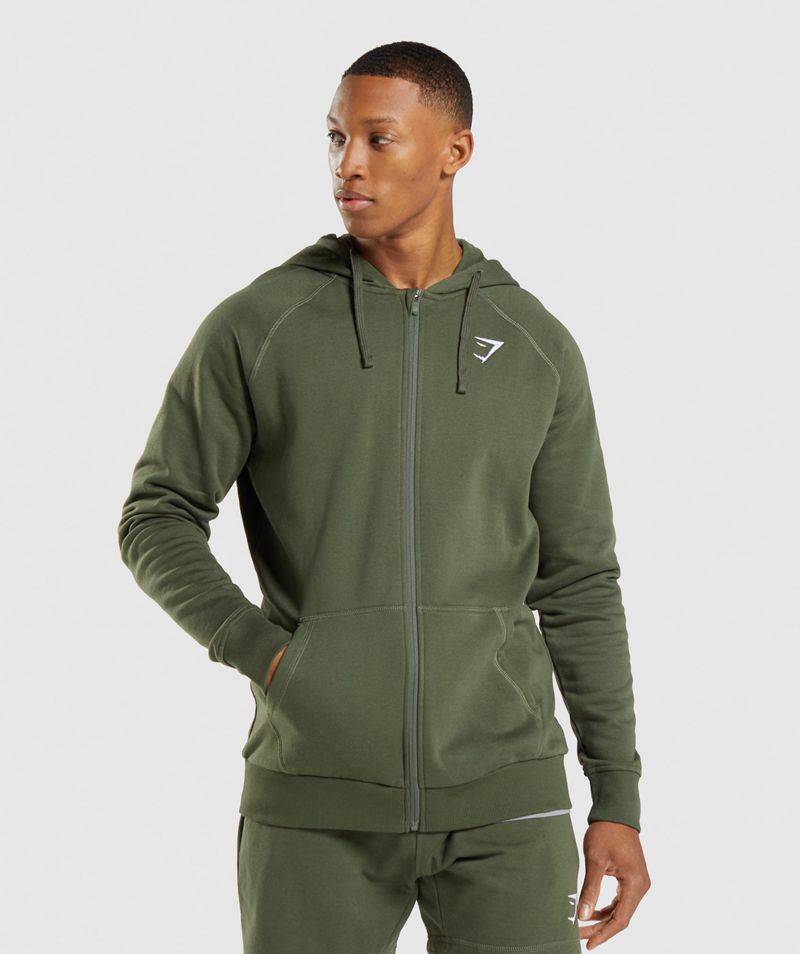 Men\'s Gymshark Crest Zip Up Hoodie Olive | USA  5364-VFOAC