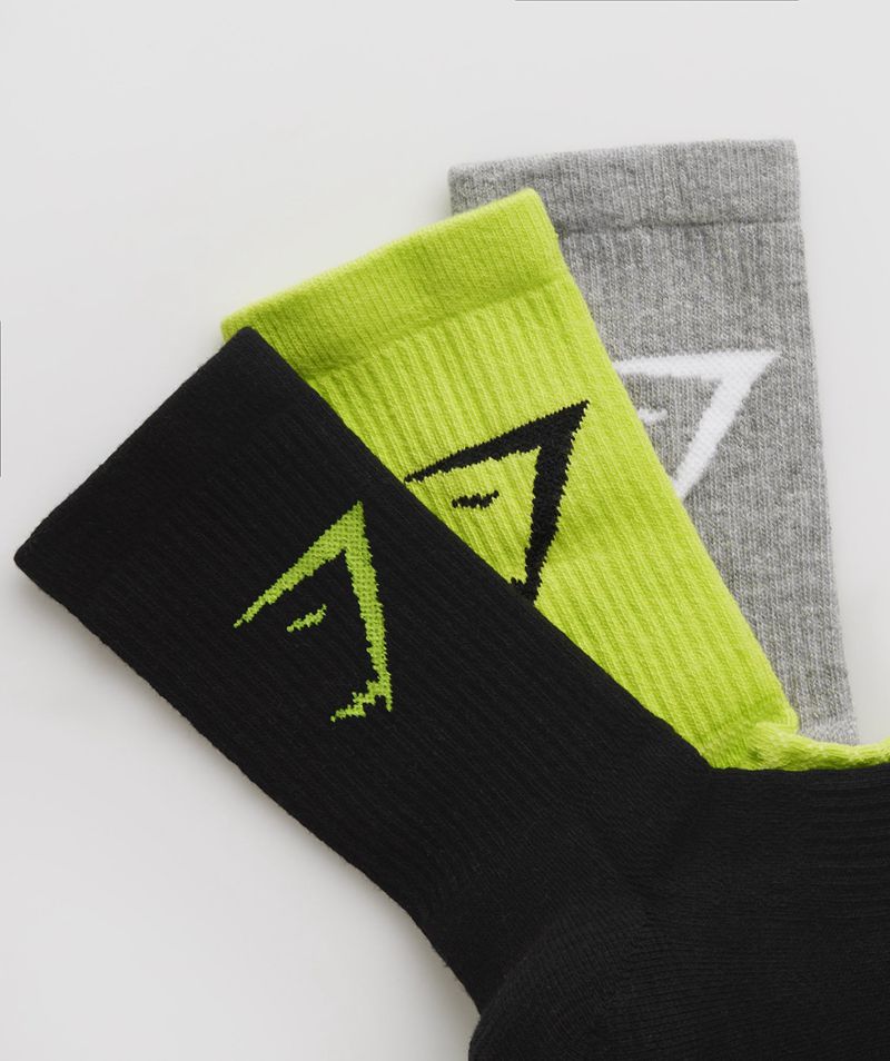 Men's Gymshark Crew 3pk Socks Black Grey Green | USA  8079-DKUYJ