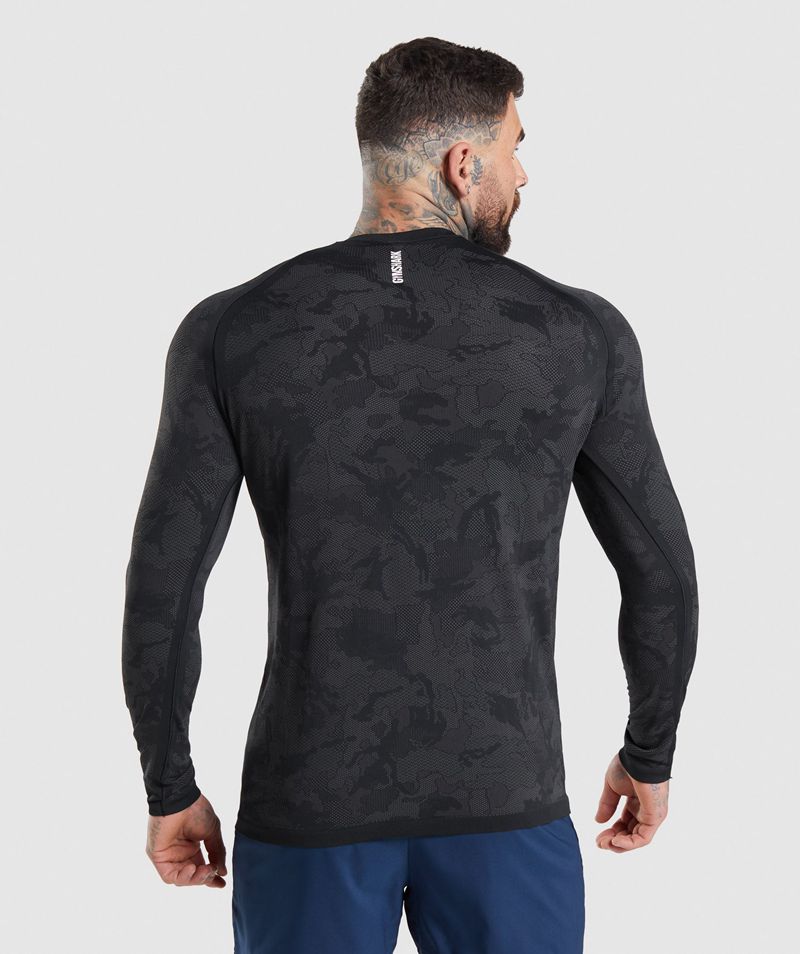 Men's Gymshark Geo Seamless Long Sleeve T-Shirts Black | USA  1304-FEXJU