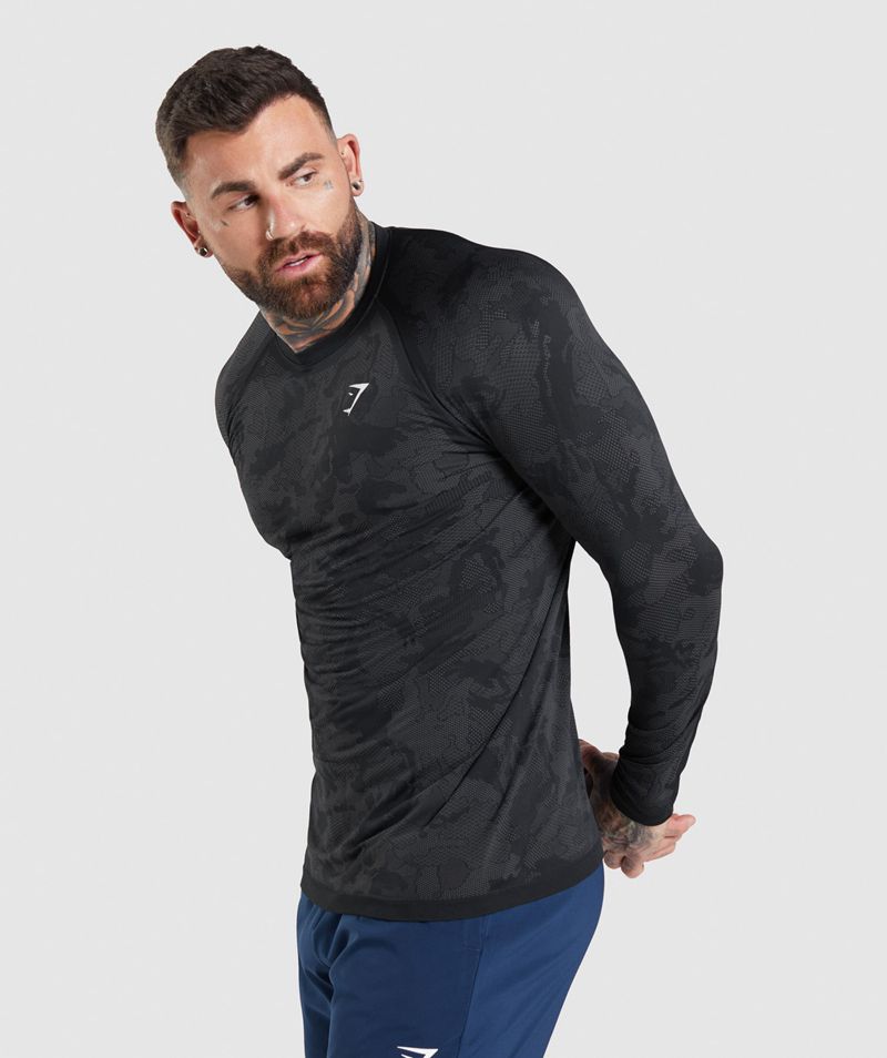 Men's Gymshark Geo Seamless Long Sleeve T-Shirts Black | USA  1304-FEXJU