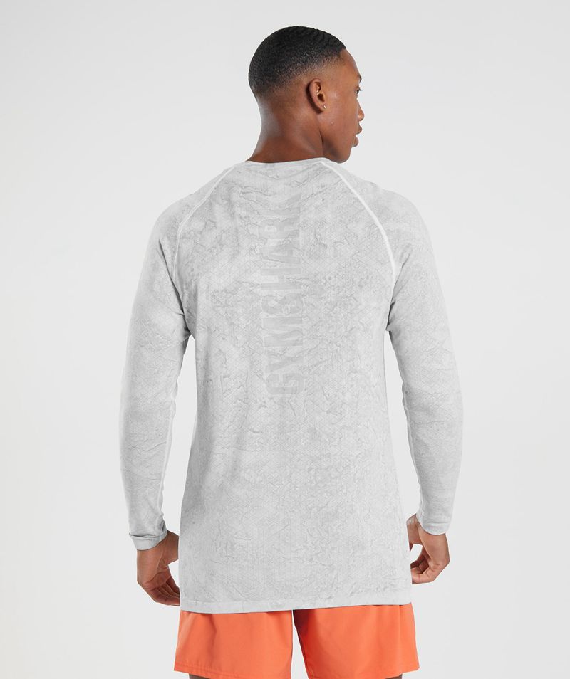 Men's Gymshark Geo Seamless Long Sleeve T-Shirts White Light Grey | USA  2537-VTHAF