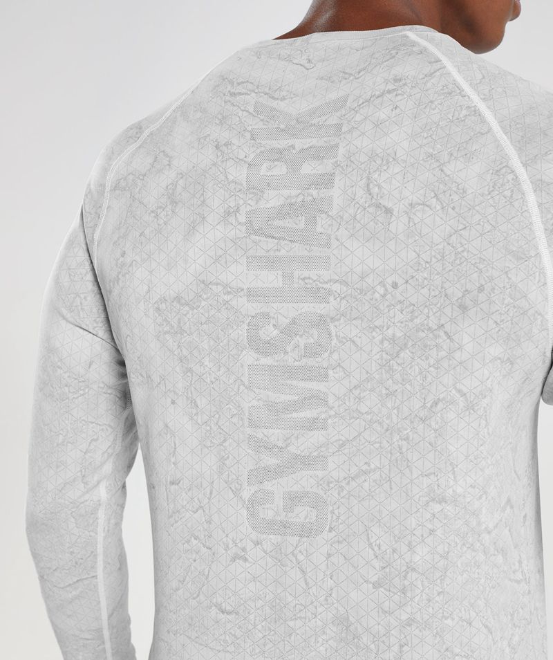 Men's Gymshark Geo Seamless Long Sleeve T-Shirts White Light Grey | USA  2537-VTHAF