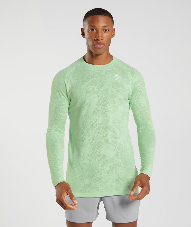 Men\'s Gymshark Geo Seamless Long Sleeve T-Shirts Green | USA  4791-XUOJE