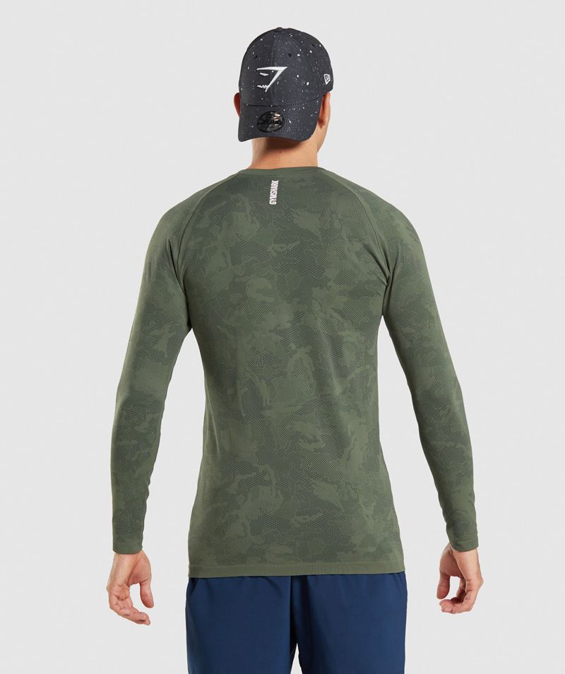 Men's Gymshark Geo Seamless Long Sleeve T-Shirts Olive | USA  8639-KVFOJ