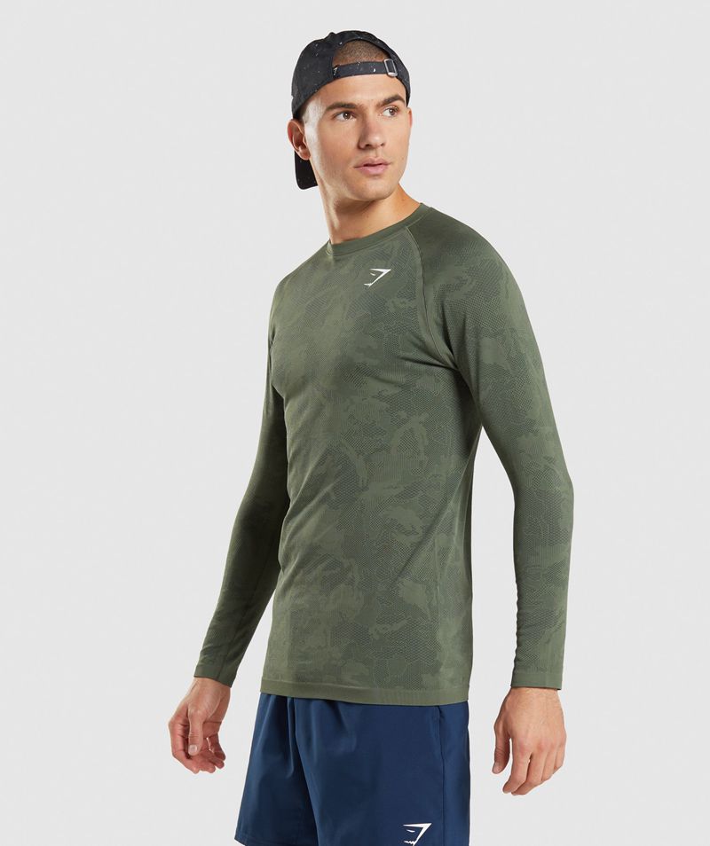 Men's Gymshark Geo Seamless Long Sleeve T-Shirts Olive | USA  8639-KVFOJ