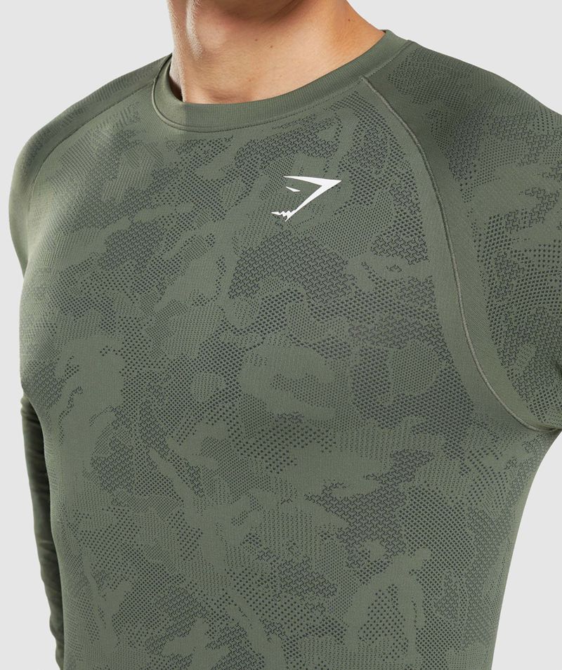 Men's Gymshark Geo Seamless Long Sleeve T-Shirts Olive | USA  8639-KVFOJ