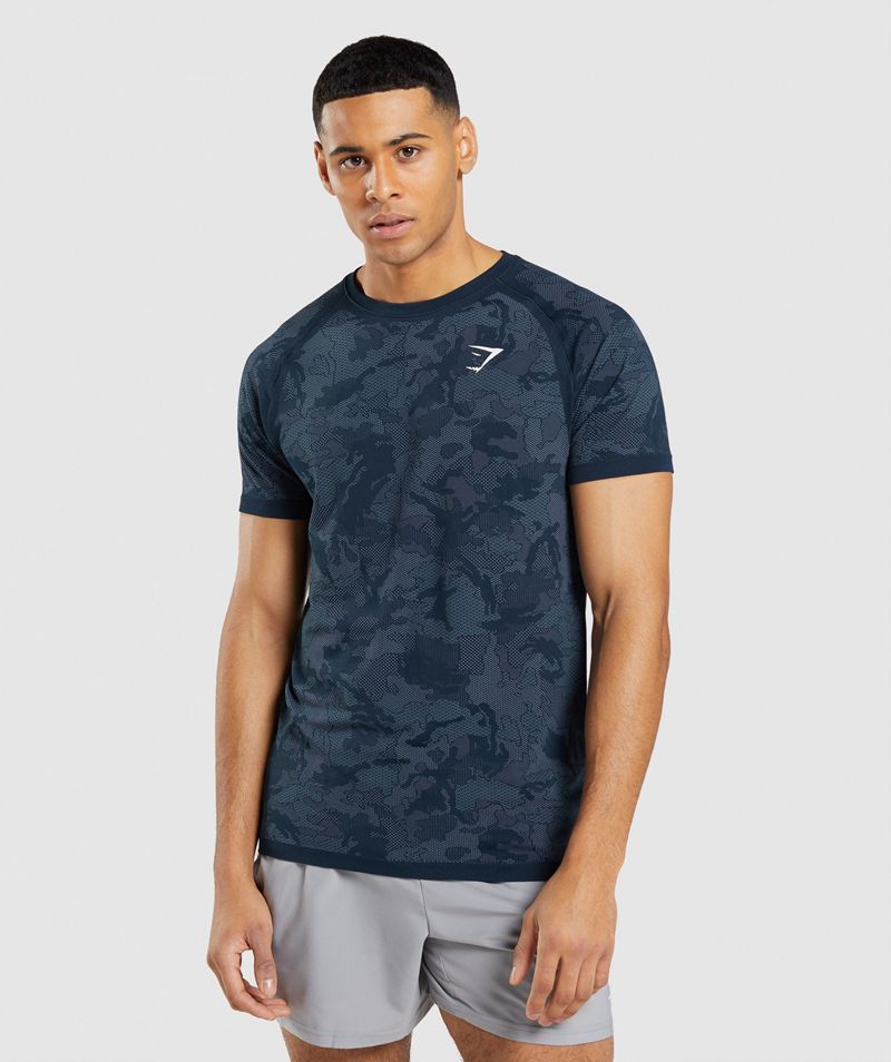 Men\'s Gymshark Geo Seamless T-Shirts Navy | USA  3142-DKTWI