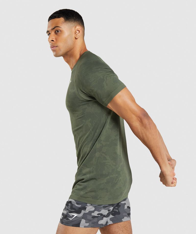 Men's Gymshark Geo Seamless T-Shirts Olive | USA  3741-NGFKQ