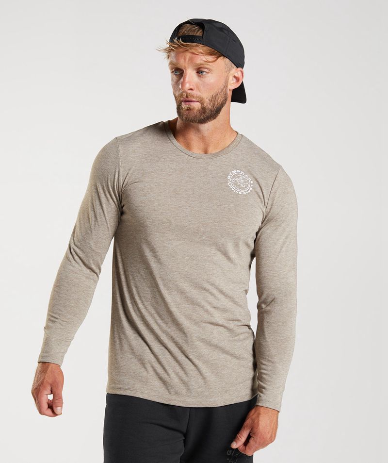 Men\'s Gymshark Legacy Long Sleeve T-Shirts Beige | USA  8412-VWJNQ