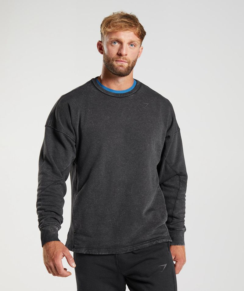 Men's Gymshark Power Washed Crew Sweatshirts Black | USA  1345-XMTRW