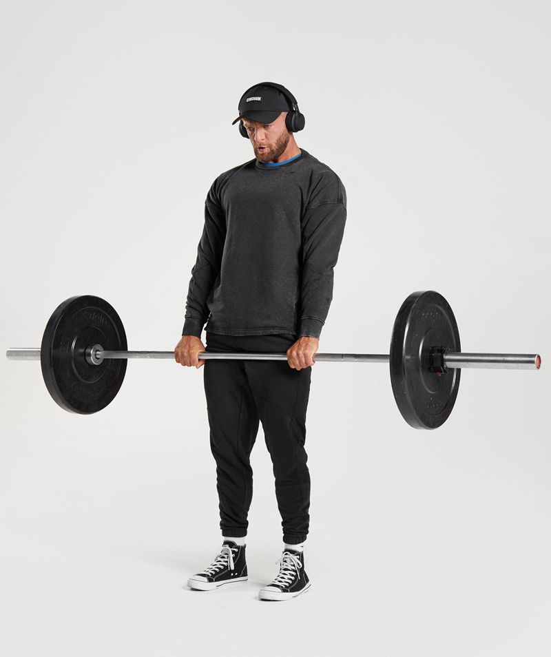 Men's Gymshark Power Washed Crew Sweatshirts Black | USA  1345-XMTRW