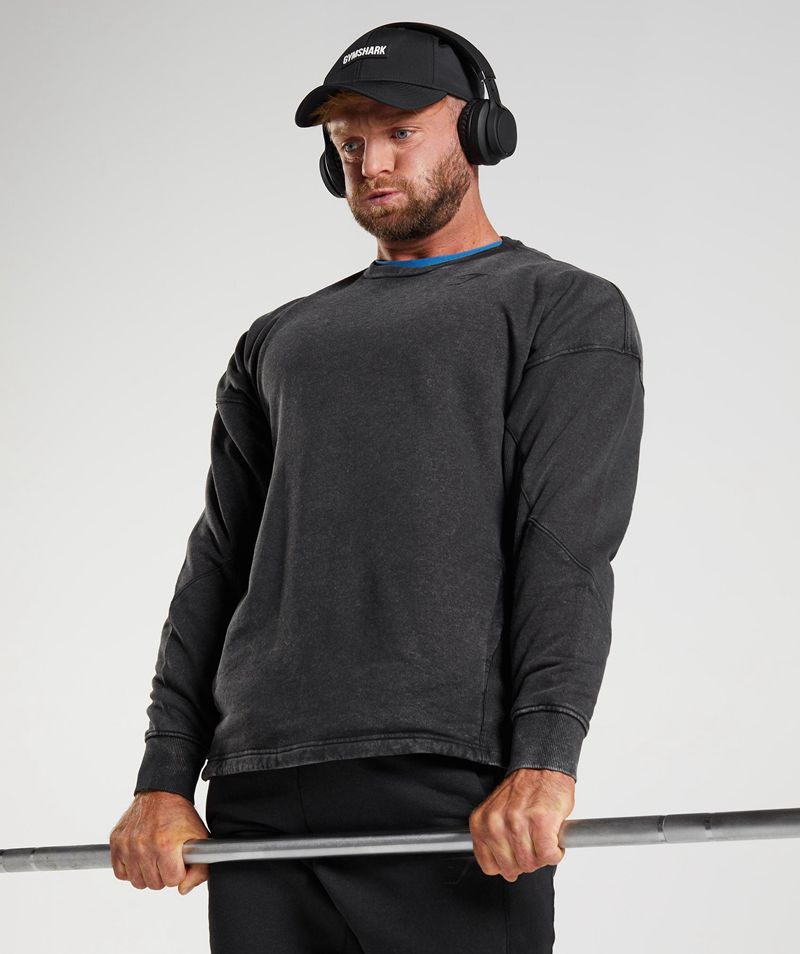 Men's Gymshark Power Washed Crew Sweatshirts Black | USA  1345-XMTRW