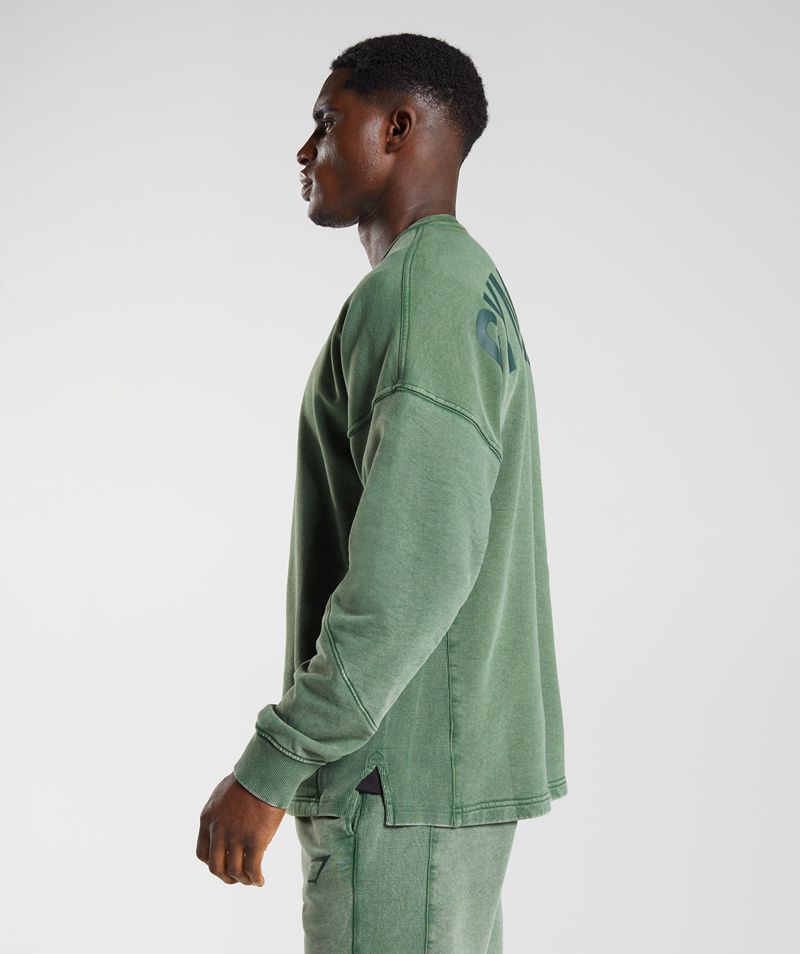 Men's Gymshark Power Washed Crew Sweatshirts Green | USA  4610-JBCSK