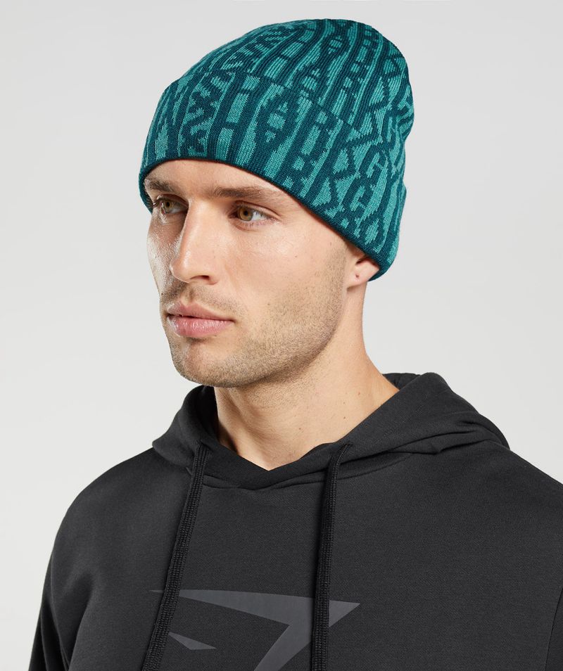 Men's Gymshark Reversable Jacquard Beanie Turquoise | USA  1947-CJRSY