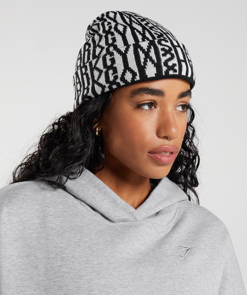 Men's Gymshark Reversable Jacquard Beanie Black | USA  6985-SDIHV