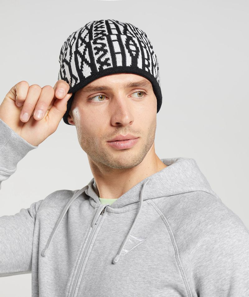 Men's Gymshark Reversable Jacquard Beanie Black | USA  6985-SDIHV