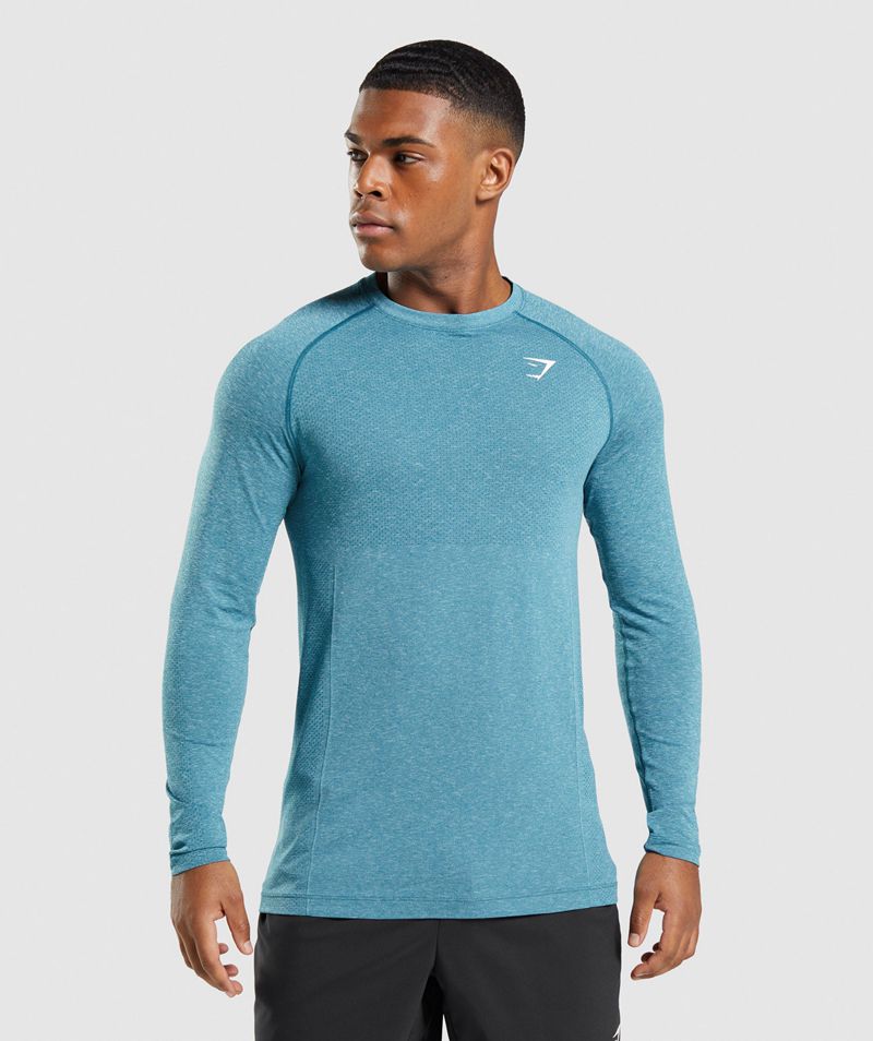 Men\'s Gymshark Vital Seamless Light Long Sleeve T-Shirts Blue | USA  8963-KXZCP