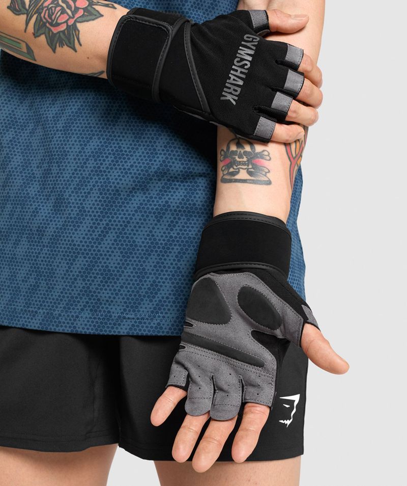 Men\'s Gymshark Wrap Lifting Gloves Black | USA  2149-YWJUT