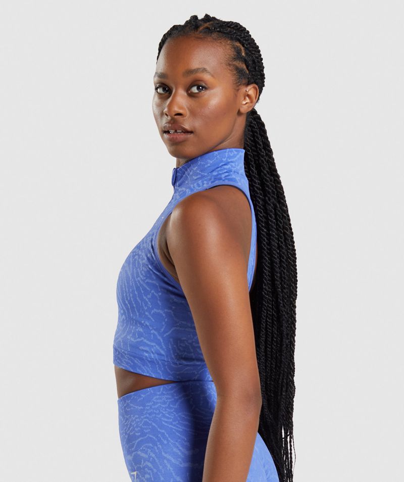 Women's Gymshark Adapt Animal Seamless Crop 1/2 Zip Tops Blue | USA  1208-JDQHI