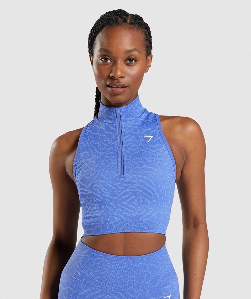 Women\'s Gymshark Adapt Animal Seamless Crop 1/2 Zip Tops Blue | USA  1208-JDQHI