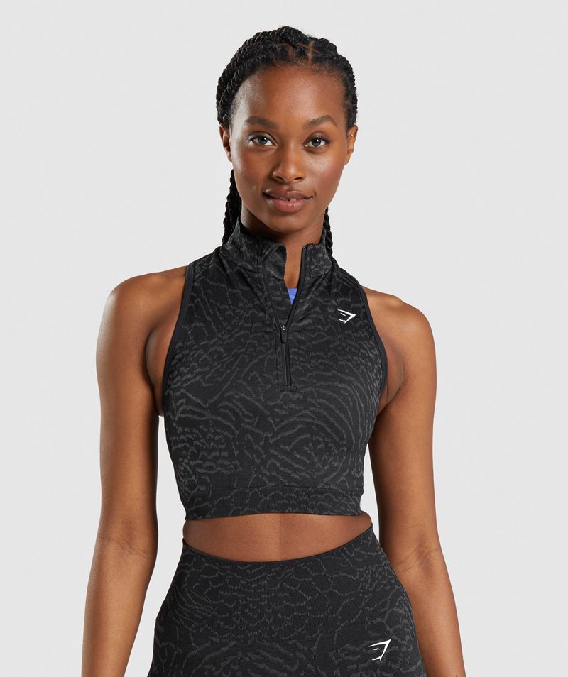 Women\'s Gymshark Adapt Animal Seamless Crop 1/2 Zip Tops Black | USA  9312-NBCXG