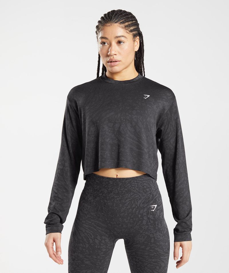 Women\'s Gymshark Adapt Animal Seamless Long Sleeve Tops Black | USA  0573-UYRLD