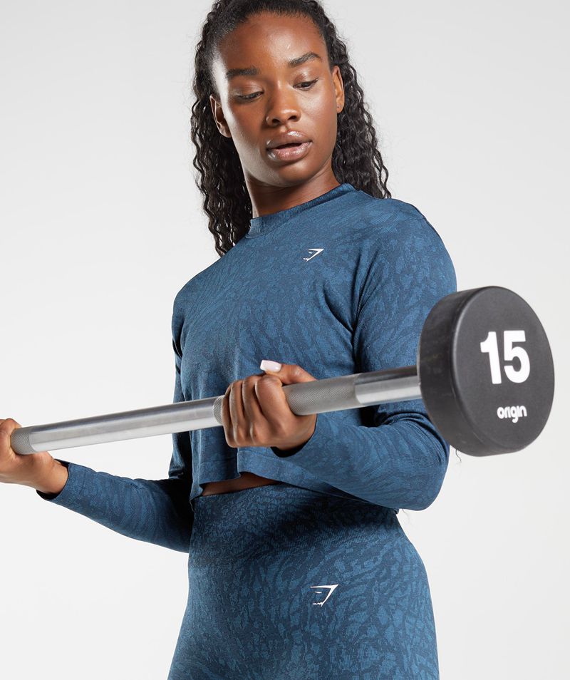 Women's Gymshark Adapt Animal Seamless Long Sleeve Tops Navy | USA  4826-JFIUT