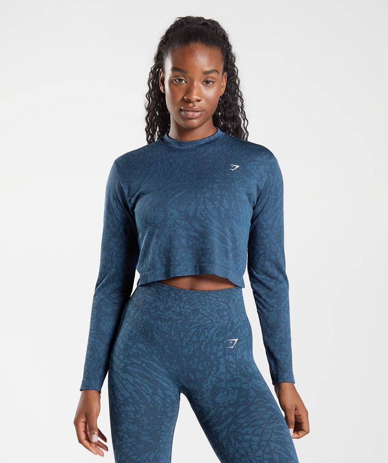 Women\'s Gymshark Adapt Animal Seamless Long Sleeve Tops Navy | USA  4826-JFIUT