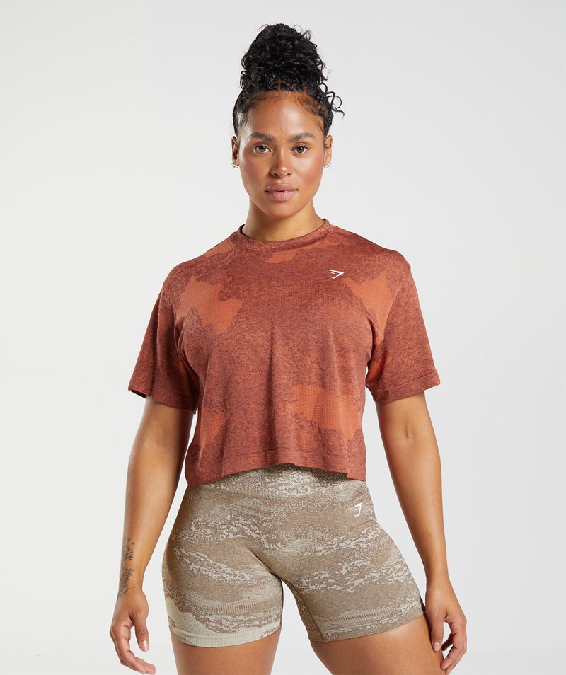 Women\'s Gymshark Adapt Camo Seamless Crop Tops Brown | USA  0643-WQVTE