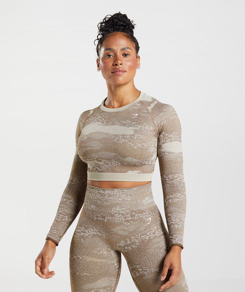 Women's Gymshark Adapt Camo Seamless Lace Up Back Tops Grey Brown | USA  0753-DYMRP